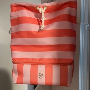 Victoria's Secret Coral and Light Pink Striped Drawstring Backpack